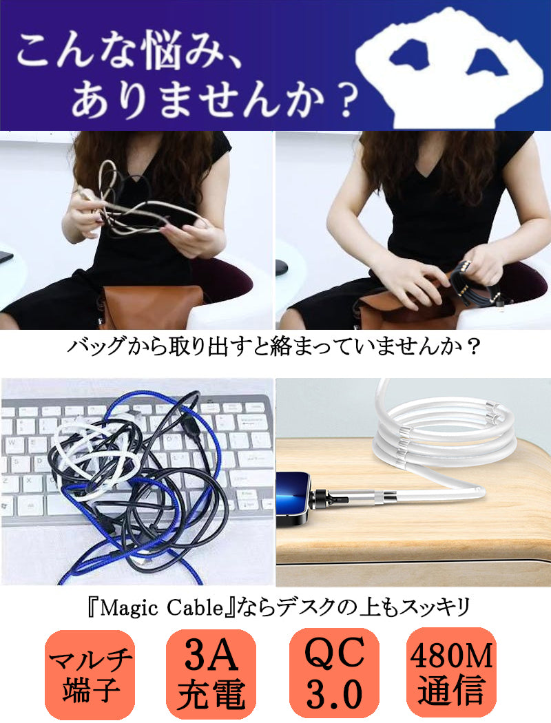 Magic Cable 540N マジックケーブル マグネット 充電 ケーブル 互換品 白黒 1.0m MC540N1.0
